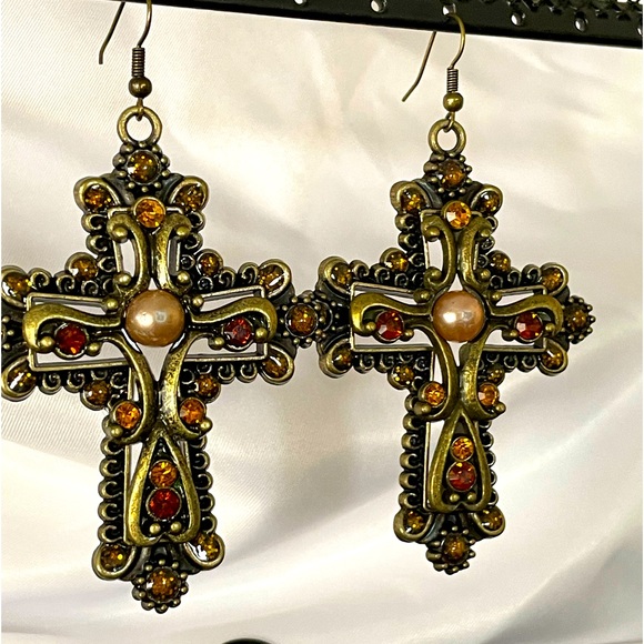 Ornate Crystal Cross Earrings - Picture 2 of 5